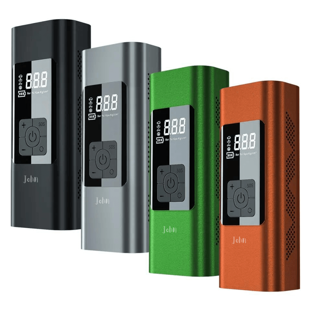 A lineup of four compact air inflators in black, grey, green, and orange.