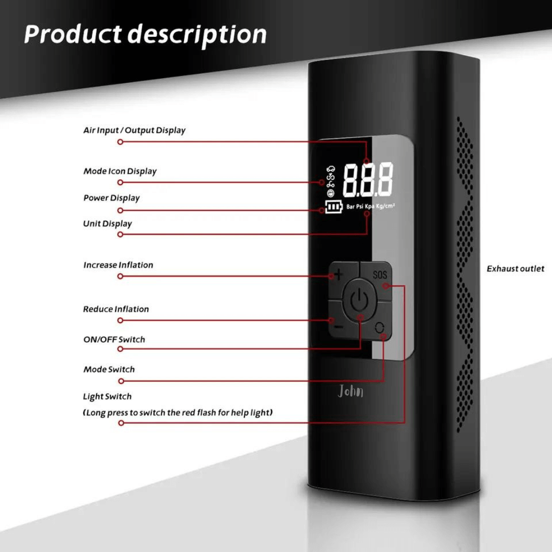 A black portable air inflator with a digital display reading "8.8.8". The display shows air input/output, mode icon, power, and unit indicators.