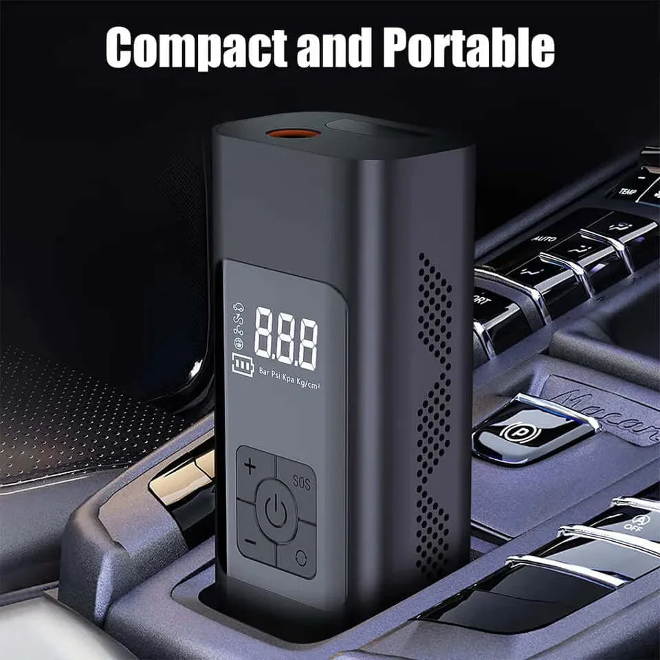 A compact and portable air inflator device shown placed in a car's center console.