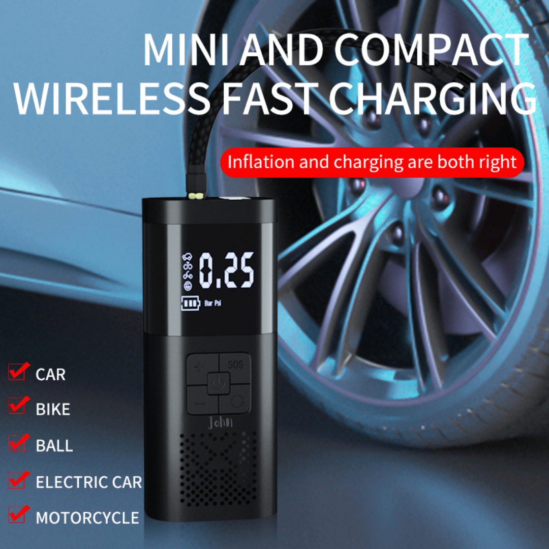 A black portable air inflator - mini and compact fast charging. A checklist on the left indicates the device is suitable for car, bike, ball, electric car, and motorcycle.