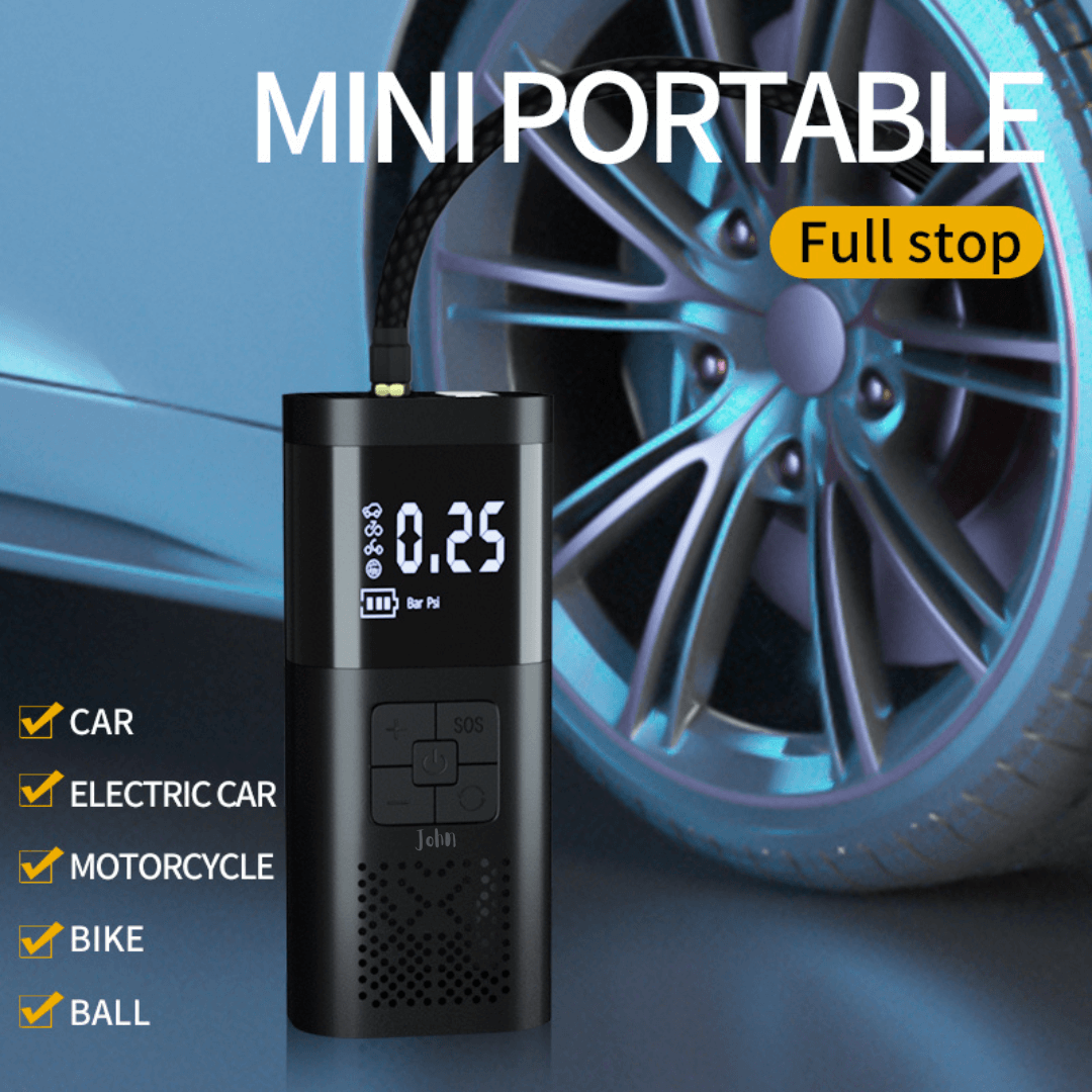 A black portable air inflator with a digital display showing "0.25 Bar PSI" is connected to a car tire. A checklist on the left indicates the device is suitable for car, electric car, motorcycle, bike, and ball, with checkmarks next to each.