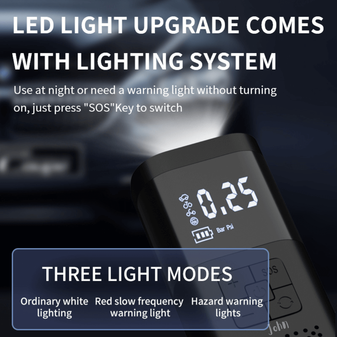 A black portable air inflator. Image explains the use of the SOS key to switch light modes. Below, text describes "THREE LIGHT MODES": ordinary white lighting, red slow frequency warning light, and hazard warning lights.