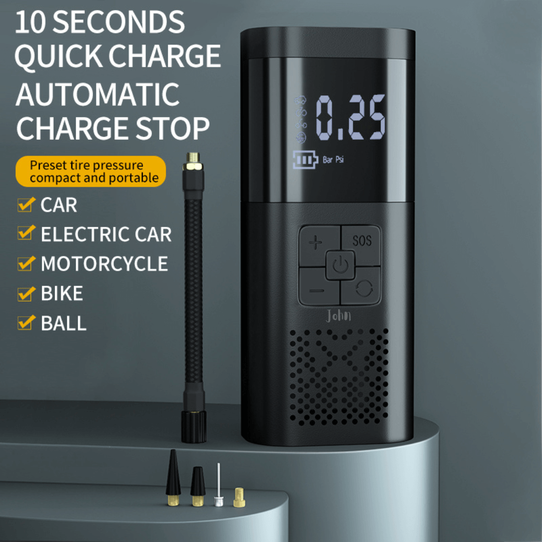 A black portable air inflator. The device is suitable for car, electric car, motorcycle, bike, and ball, as indicated by checkmarks. The inflator is displayed with an inflatable tube and multiple nozzle attachments.