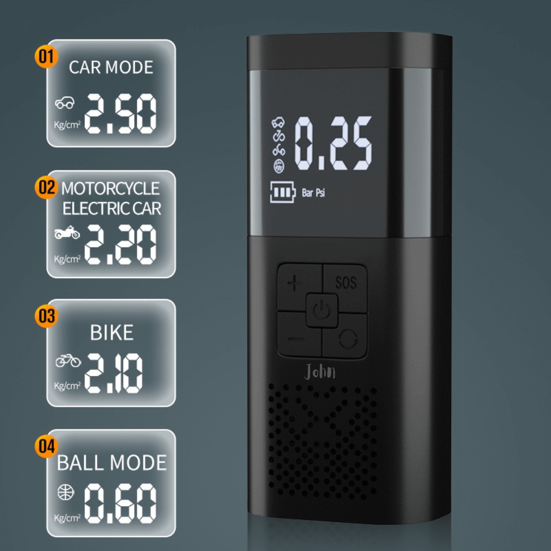 A black portable air inflator with a digital display reading "0.25 Bar PSI." The image shows preset modes and pressure levels: Car Mode (2.50 Kg/cm²), Motorcycle/Electric Car Mode (2.20 Kg/cm²), Bike Mode (2.10 Kg/cm²), and Ball Mode (0.60 Kg/cm²).