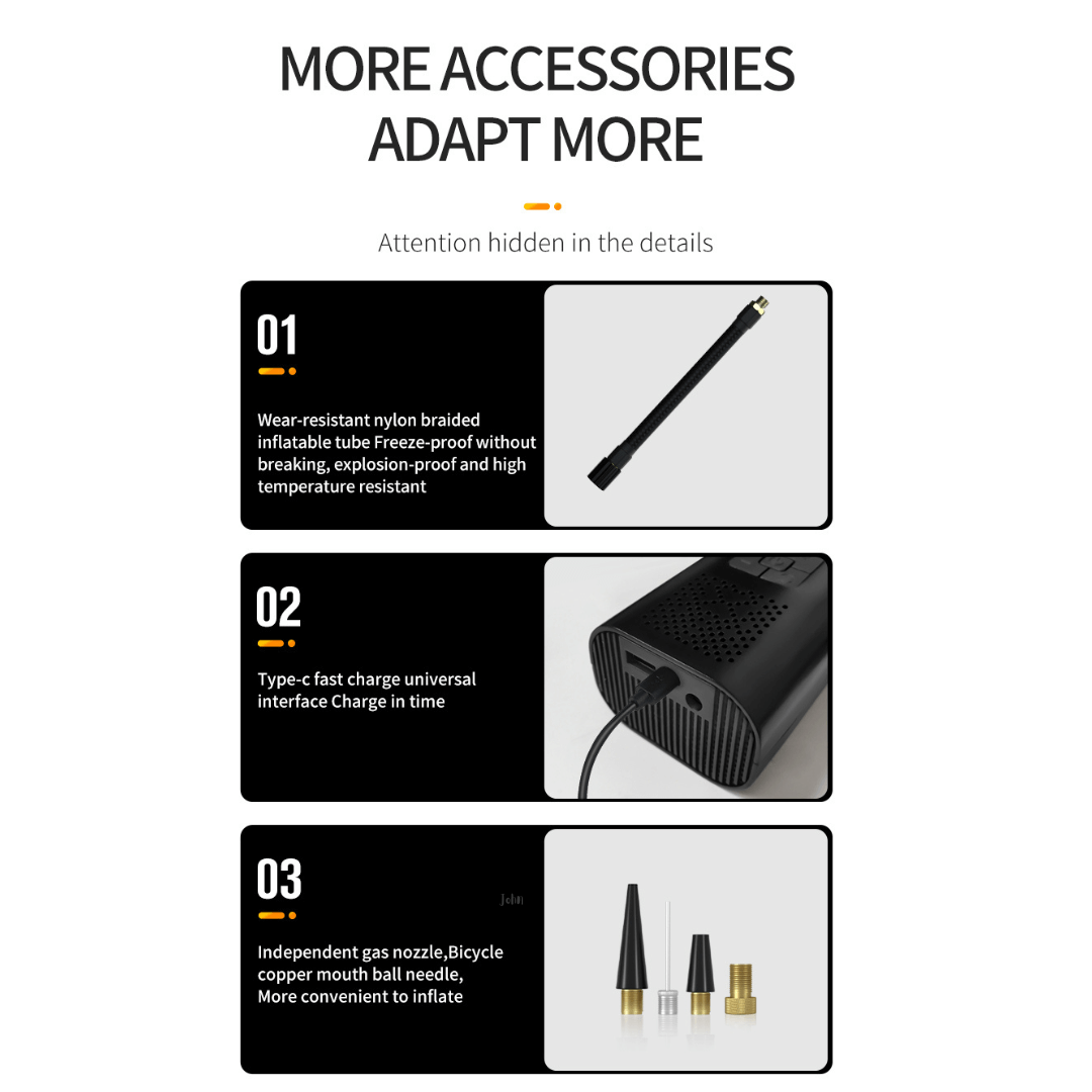 A graphic for a portable air pump showing three accessories: 1) a wear-resistant nylon braided inflatable tube, freeze-proof and explosion-proof; 2) a Type-C fast charge universal interface; 3) various nozzles including an independent gas nozzle and a bicycle copper mouth ball needle. 