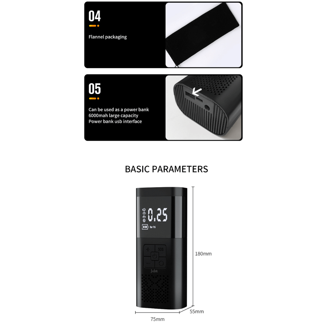 The graphic includes information about accessories: a flannel packaging bag and the ability to use the inflator as a 6000mAh power bank with a USB interface. Basic parameters are listed: 180mm in height, 55mm in width, and 75mm in depth.