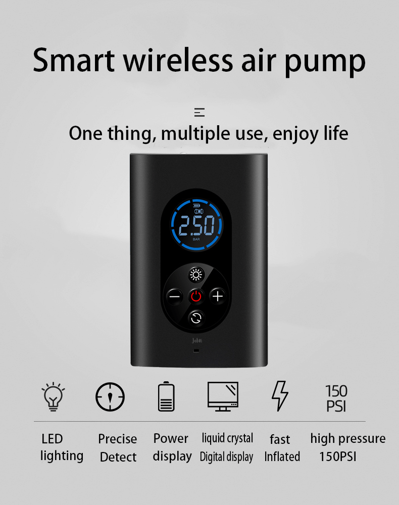 A black smart wireless air pump with a digital display. Icons at the bottom highlight features: LED lighting, precise detection, power display, liquid crystal digital display, fast inflation, and high pressure up to 150 PSI.